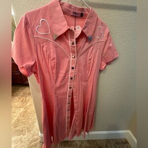XL Pink Western Button Front Dress. Silver snap buttons and back fringe.
